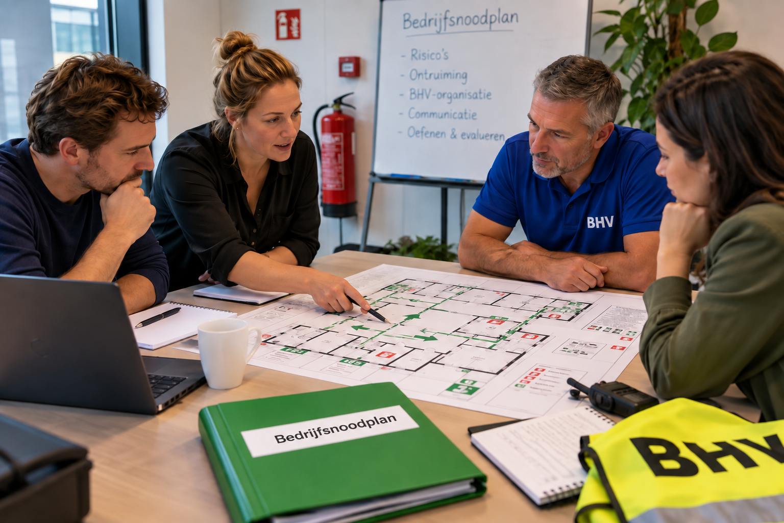 Team bespreekt het bedrijfsnoodplan aan de hand van een plattegrond met vluchtroutes